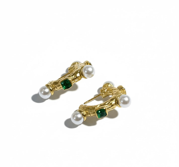 EMERALD & PEARL INLAY HOOPS