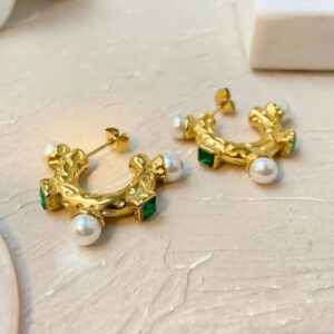 EMERALD & PEARL INLAY HOOPS